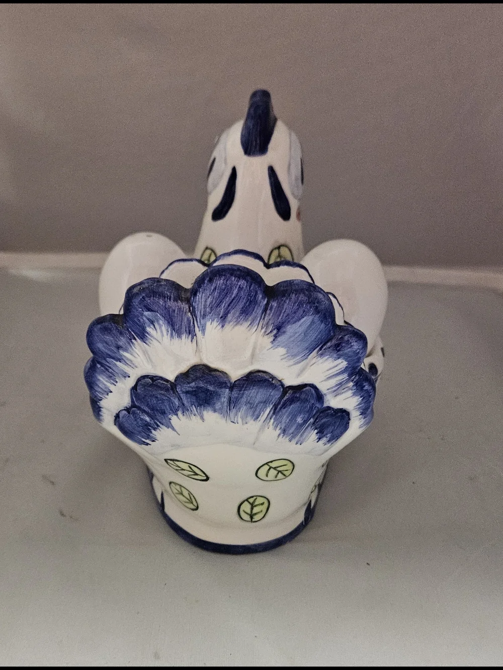 Hand-Painted Ceramic Hen Salt & Pepper Set Napkin Holder - White and Blue